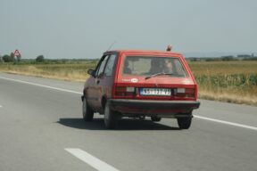 Passing an old car on the way through Serbia